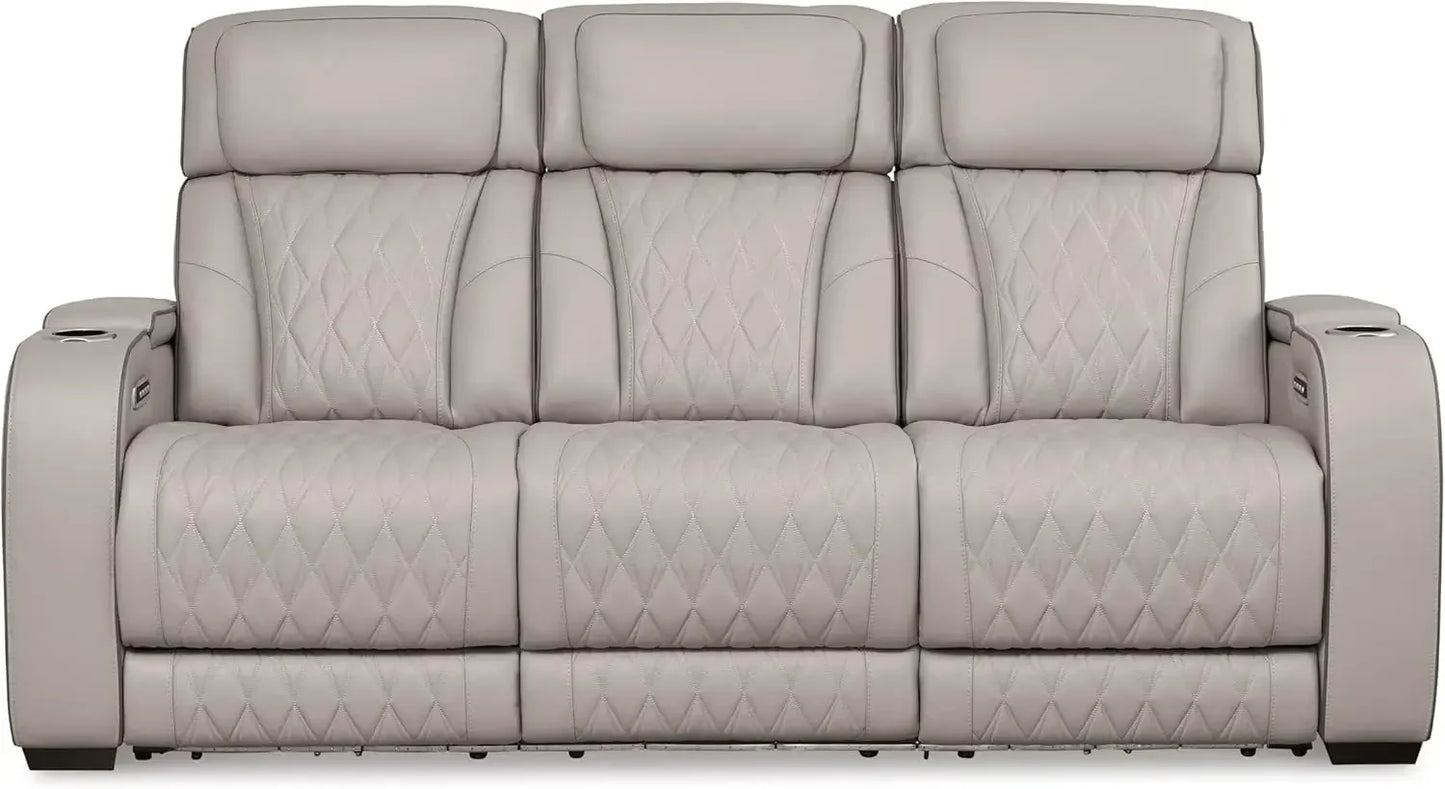 Contemporary Leather Match Power Reclining Sofa With USB Ports LED