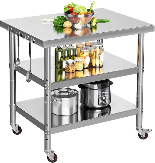 Stainless Steel Kitchen Work Table With Wheels And Three Shelves