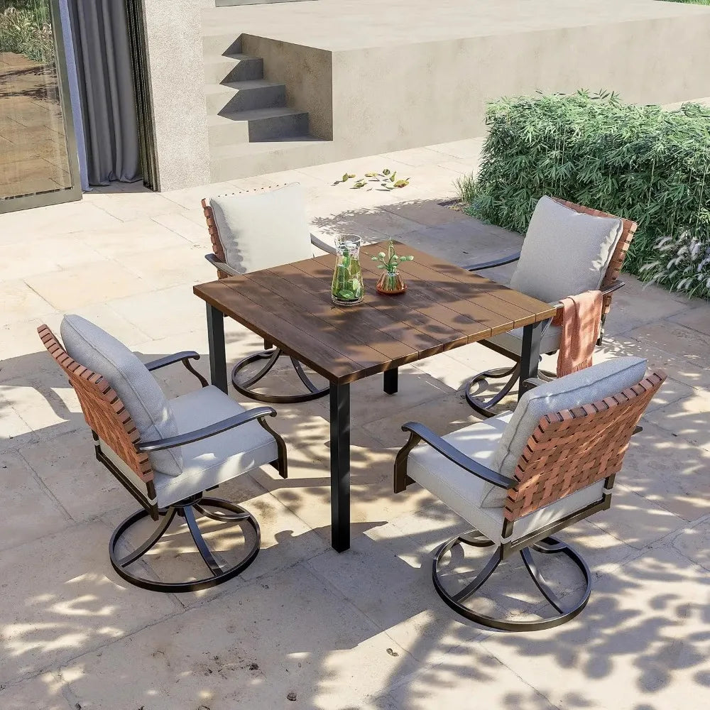 Outdoor 5-Piece Dining Set Leather-Look Wicker Chairs And Woodgrain Table