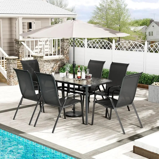 All-Weather Patio Dining Set With Umbrella Hole And Stackable Chairs