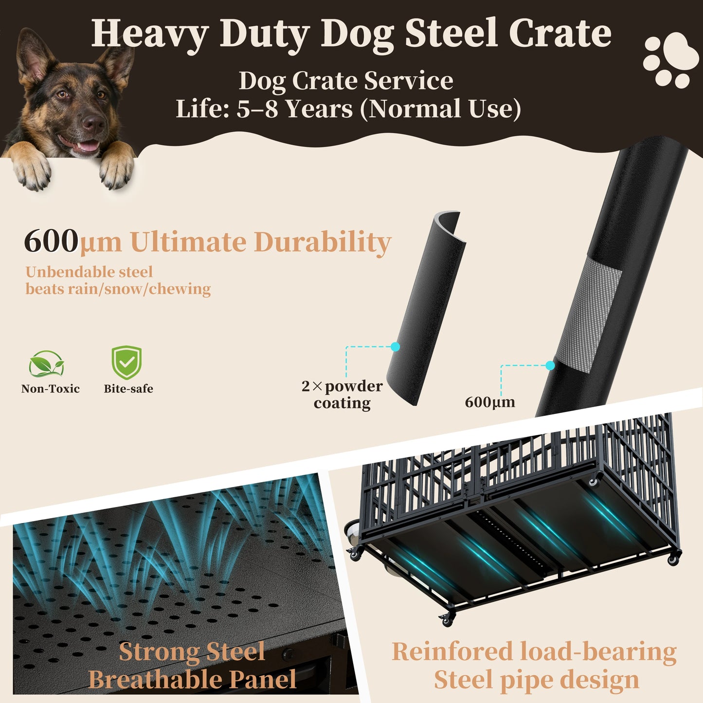 Heavy Duty Dog Crate Kennel With Lockable Wheels And Bowls