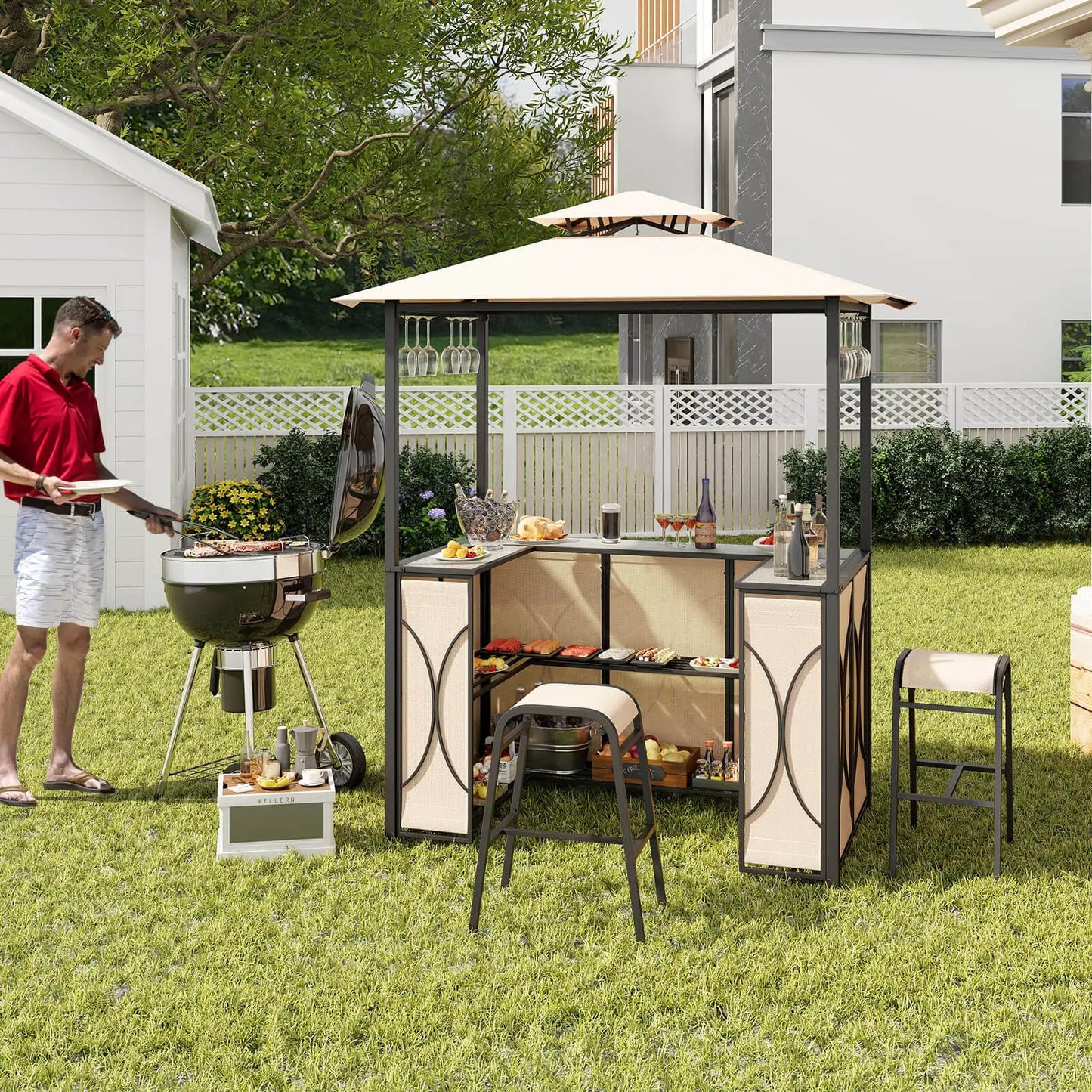 HOMASIS 3 Piece Patio Bar Set With Tempered Glass Table And Shelves