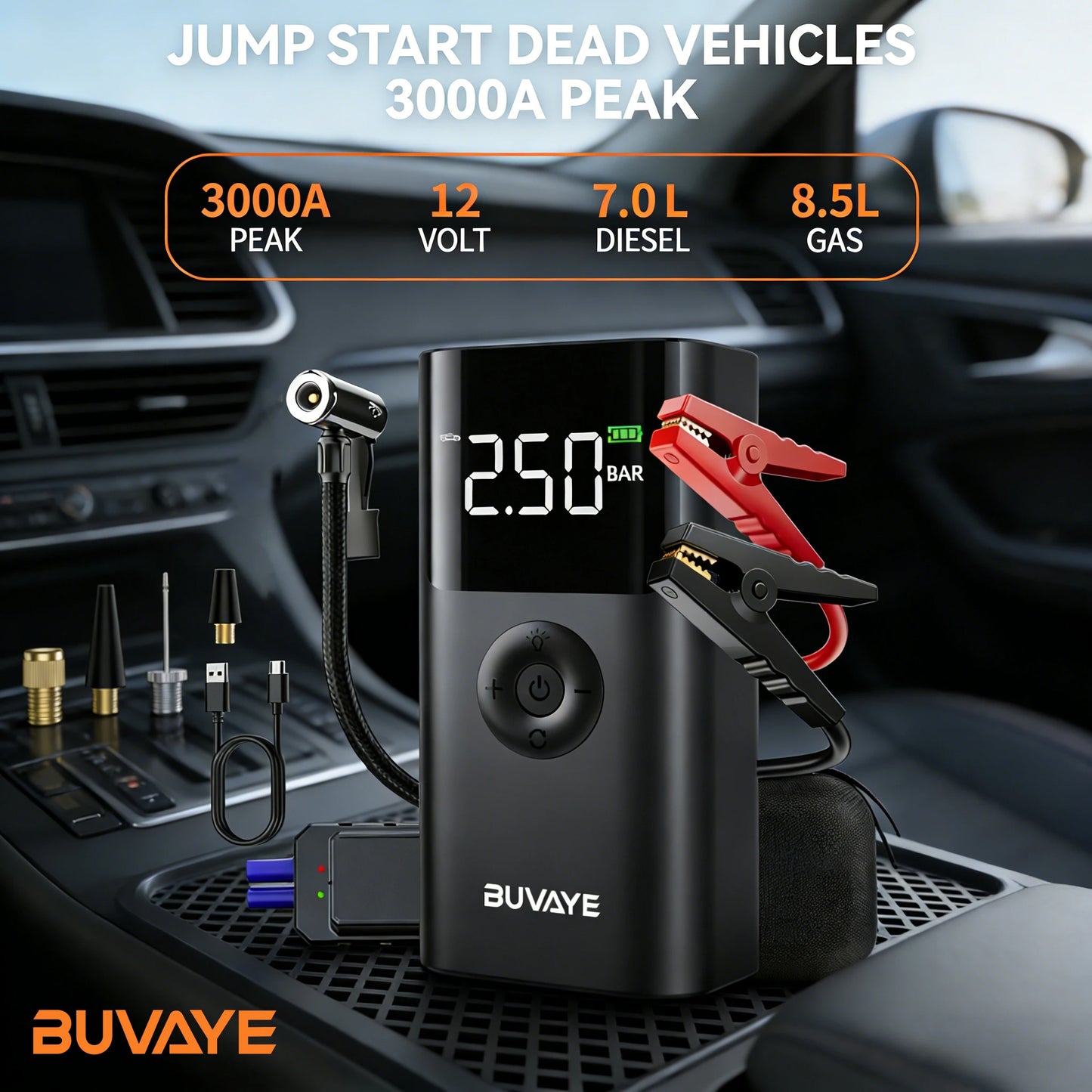 BUVAYE 12V Jump Starter With 150 PSI Air Compressor Powerbank
