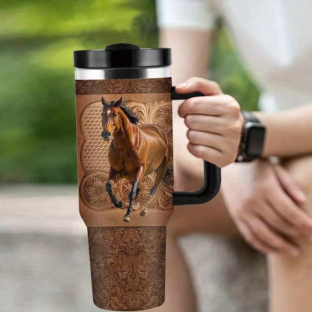 Horse Running Design Double Wall Insulated Cup Spill Proof Lid
