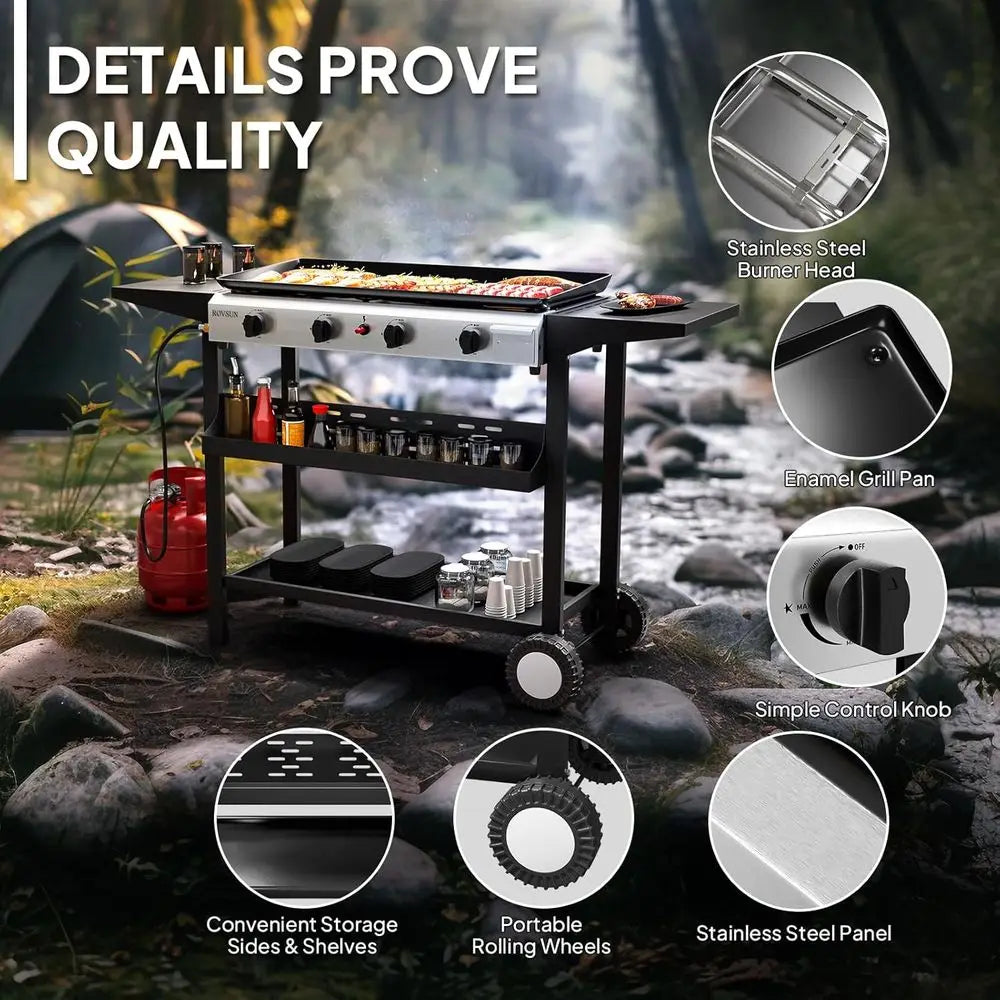 Portable 4 Burner Propane Griddle With Side Shelves