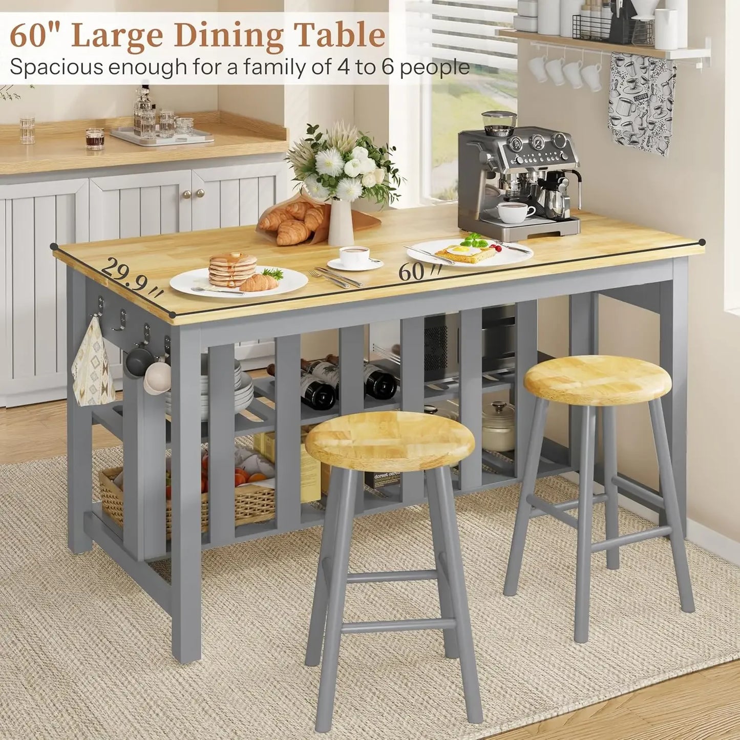 Solid Rubberwood Kitchen Island With Power Outlets 3 Drawers