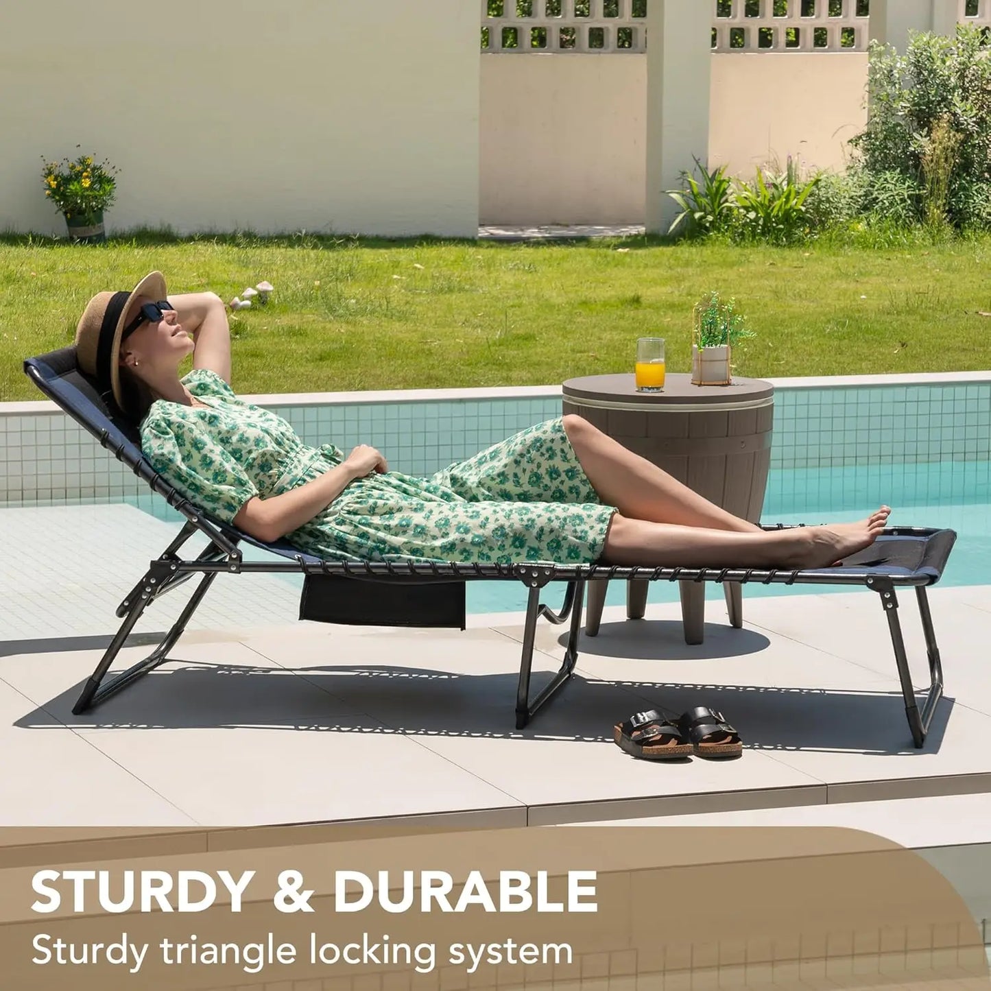 Foldable Padded Outdoor Chaise Lounge With Pillow And Side Pocket