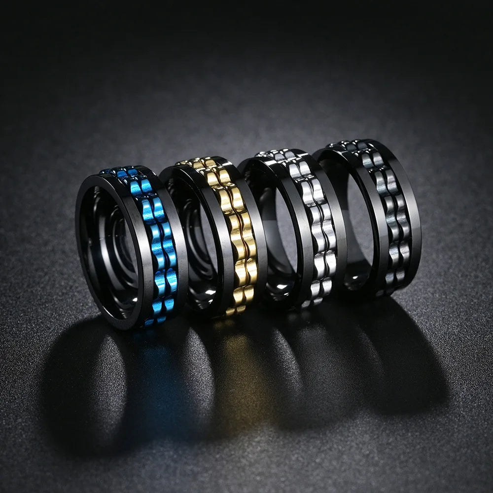 Rotating Titanium Steel Fidget Ring Chain Spinner For Men Rocker Jewelry