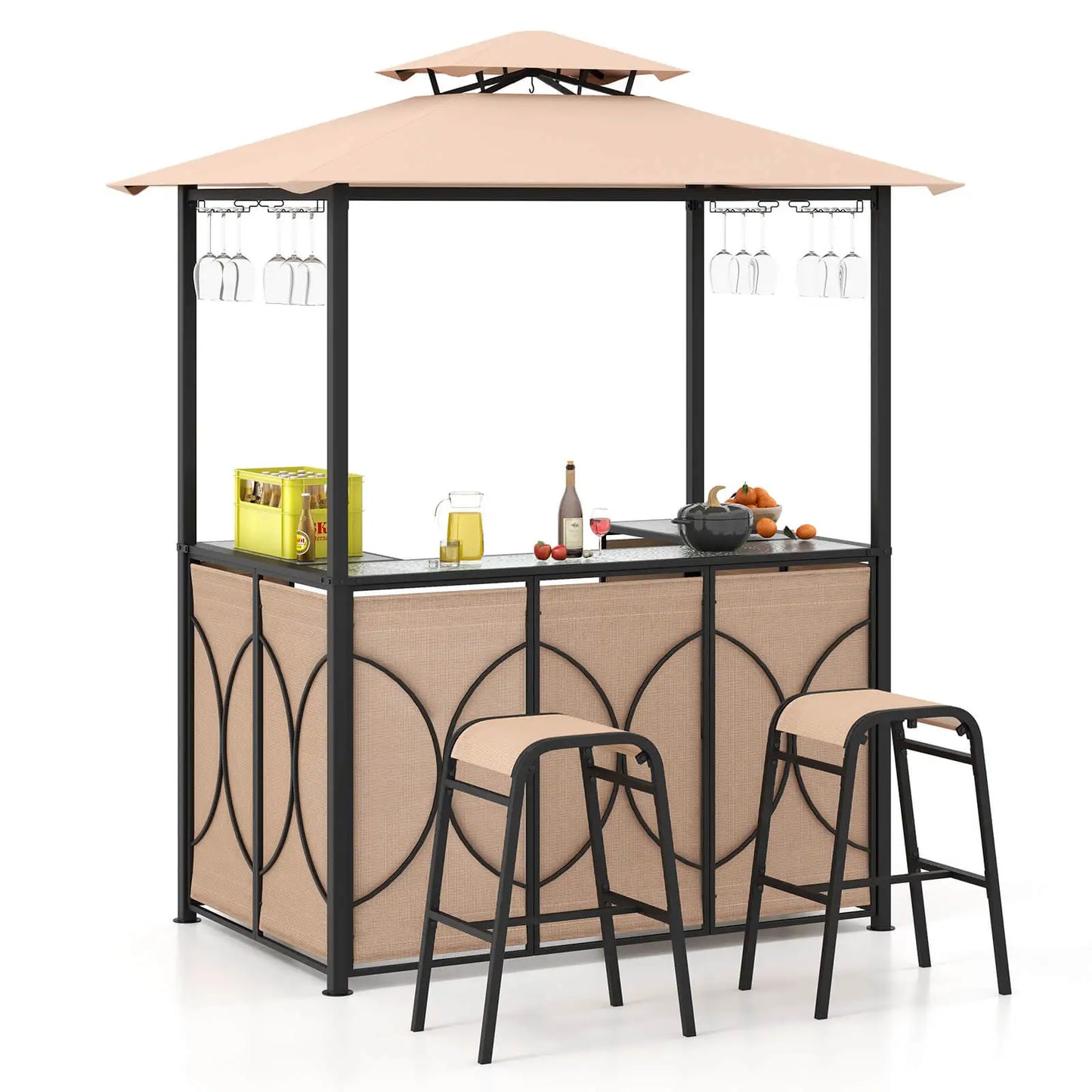 HOMASIS 3 Piece Patio Bar Set With Tempered Glass Table And Shelves