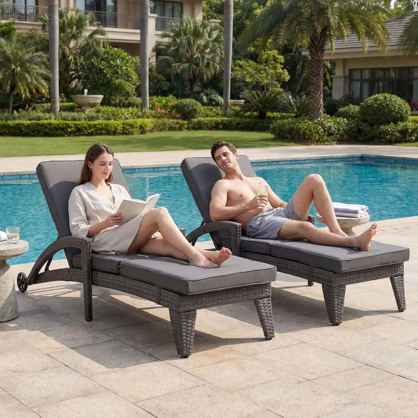 Adjustable Upholstered Chaise Lounge Set With Wicker Reclining Chairs