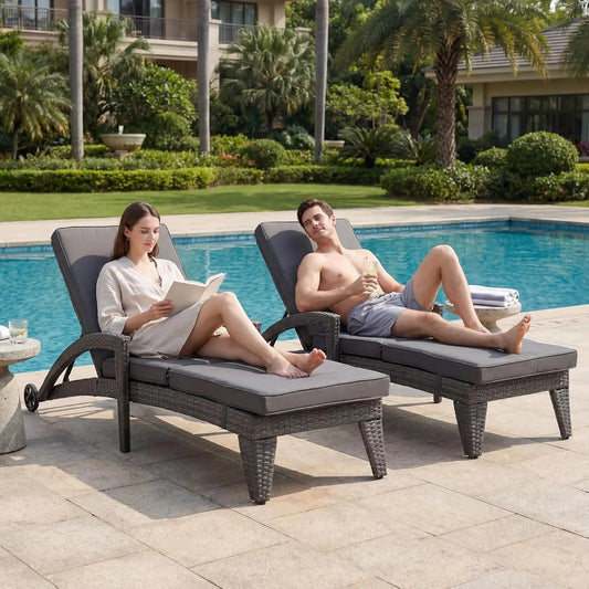 Adjustable Upholstered Chaise Lounge Set With Wicker Reclining Chairs