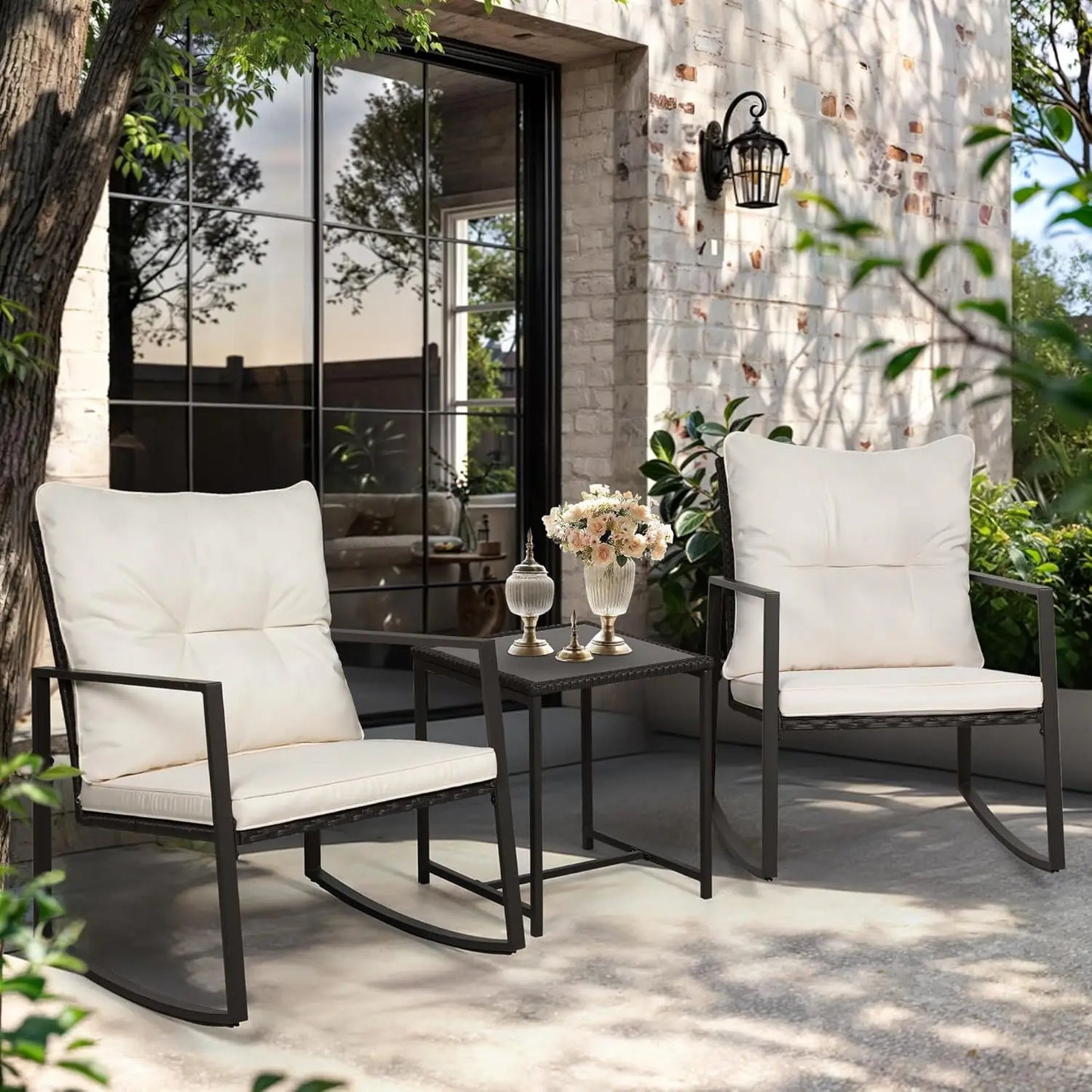 Outdoor Rocking Bistro Set Wicker Furniture With Glass Coffee Table