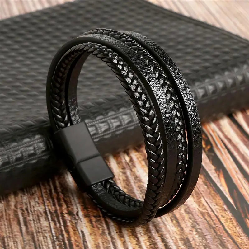 Leather Bracelet For Men Multi Layer Handwoven Fashion Accessory