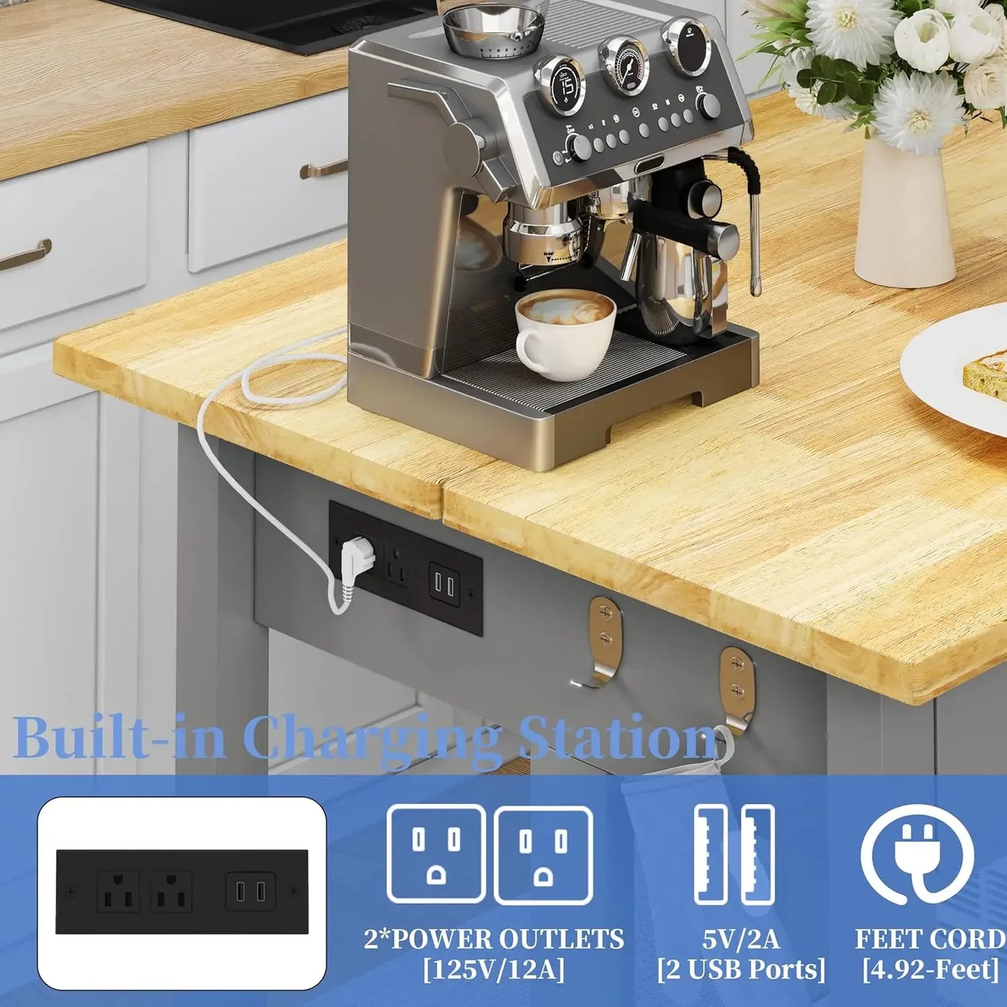 Solid Rubberwood Kitchen Island With Power Outlets Drawers Shelves