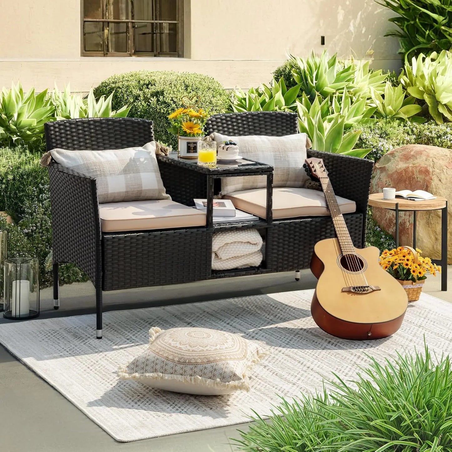 Outdoor Patio Loveseat Modern Rattan Conversation Set Cushions