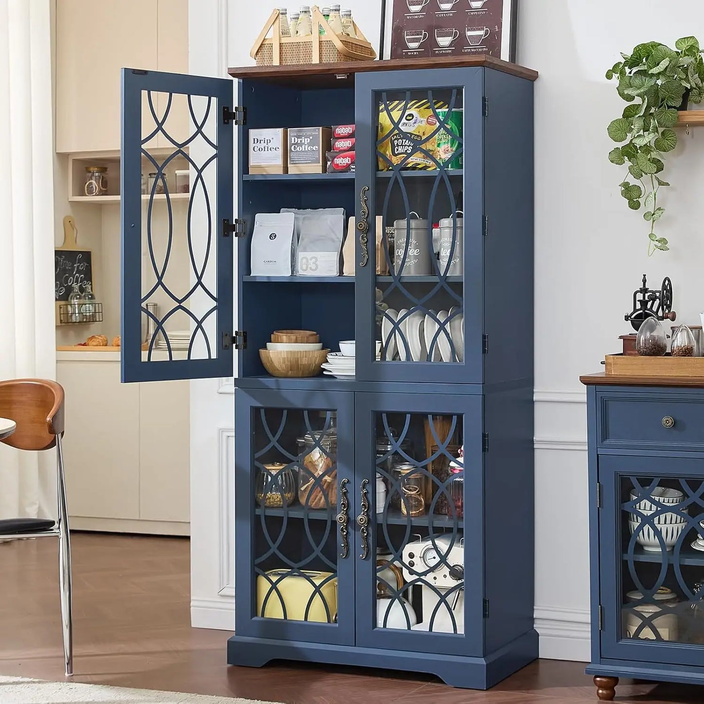 Kitchen Pantry Cabinet With Glass Doors And Adjustable Shelves