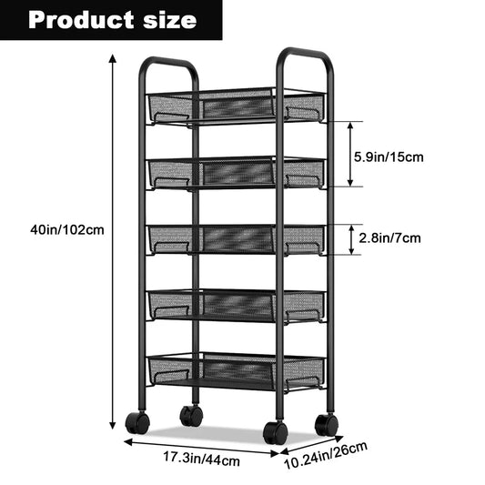 HiMISS 5 Tier Rolling Storage Organizer With Wheels Mobile Cart
