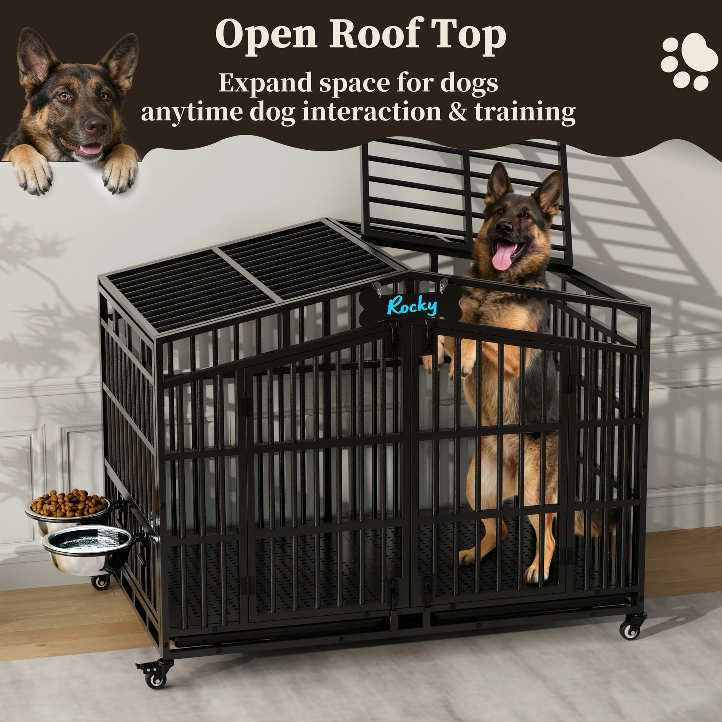 Heavy Duty Dog Crate Kennel With Lockable Wheels And Bowls
