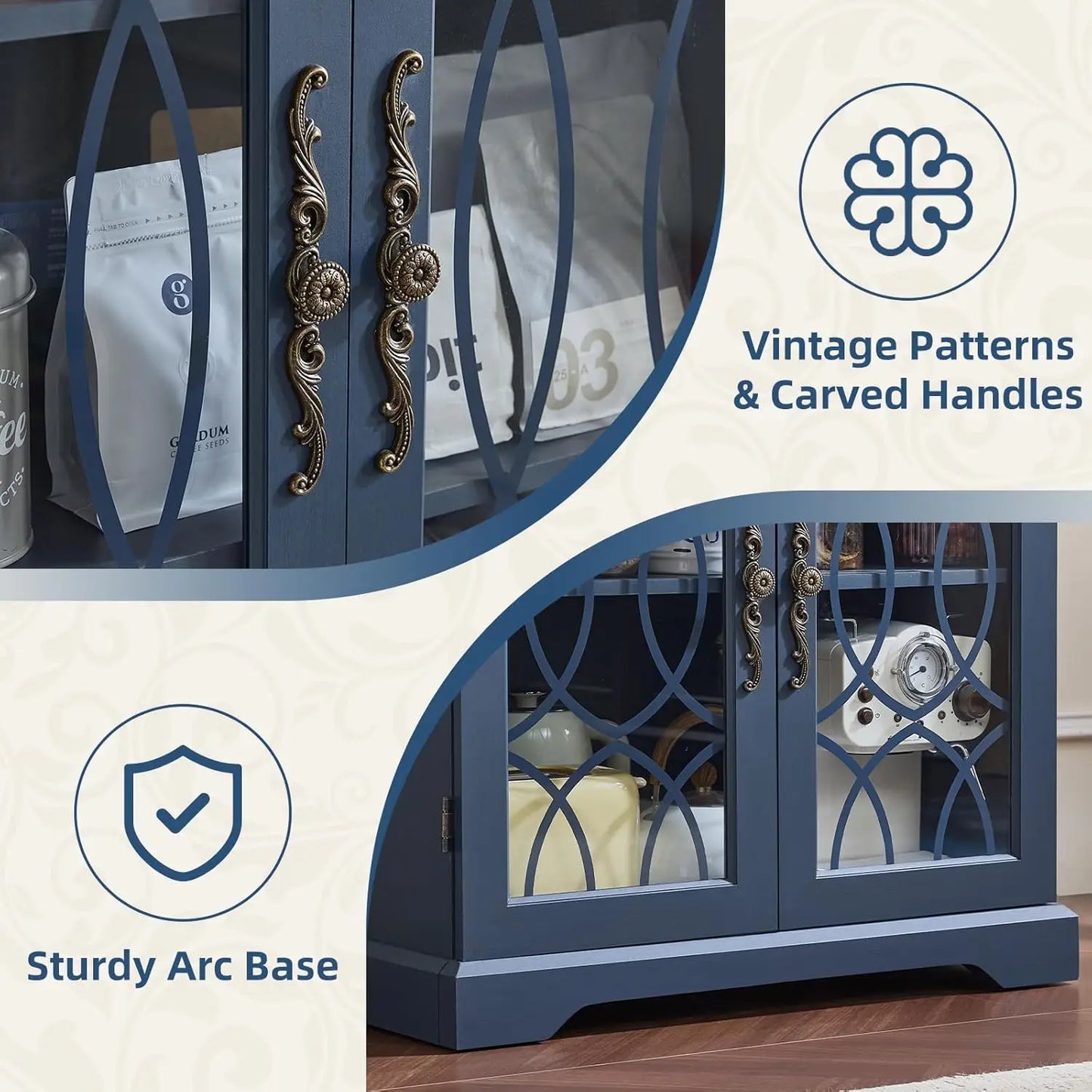 HUANZHUANG Vintage Wood Pantry Cabinet Set With Glass Doors