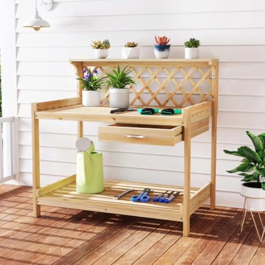 Outdoor Wood Potting Bench With 3 Tier Shelves And Drawer