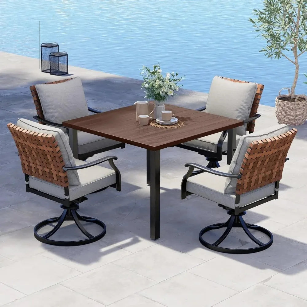 Outdoor 5-Piece Dining Set Leather-Look Wicker Chairs And Woodgrain Table