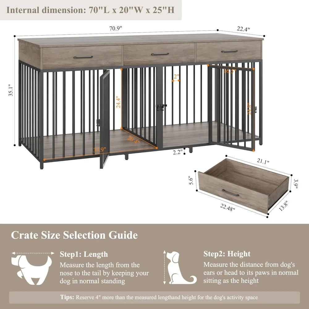HOSTACK Farmhouse Double Dog Crate With 3 Drawers Kennel