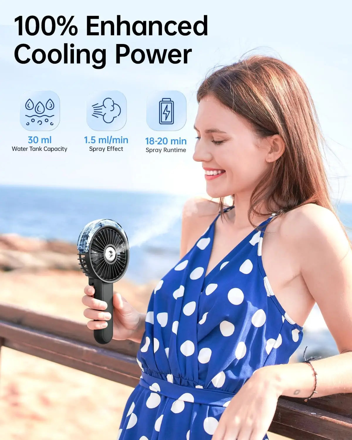 Foldable Misting Fan 180 Degree 3 Speeds USB Rechargeable