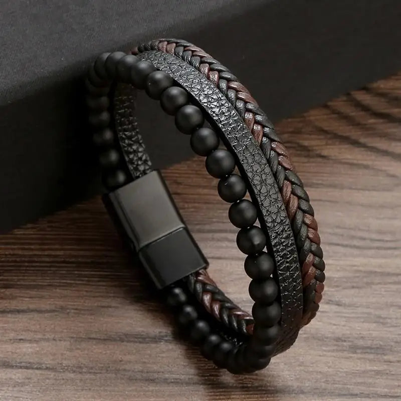Leather Bracelet For Men Multi Layer Handwoven Fashion Accessory
