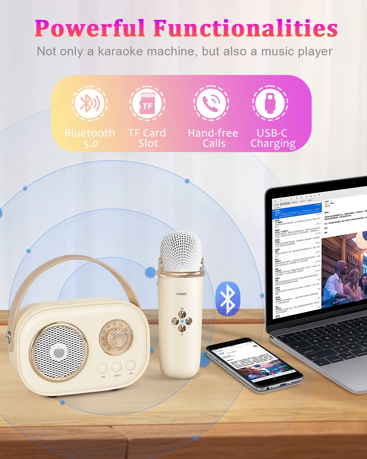 PRUNUS Karaoke Machine Bluetooth Speaker With 2 Wireless Mics