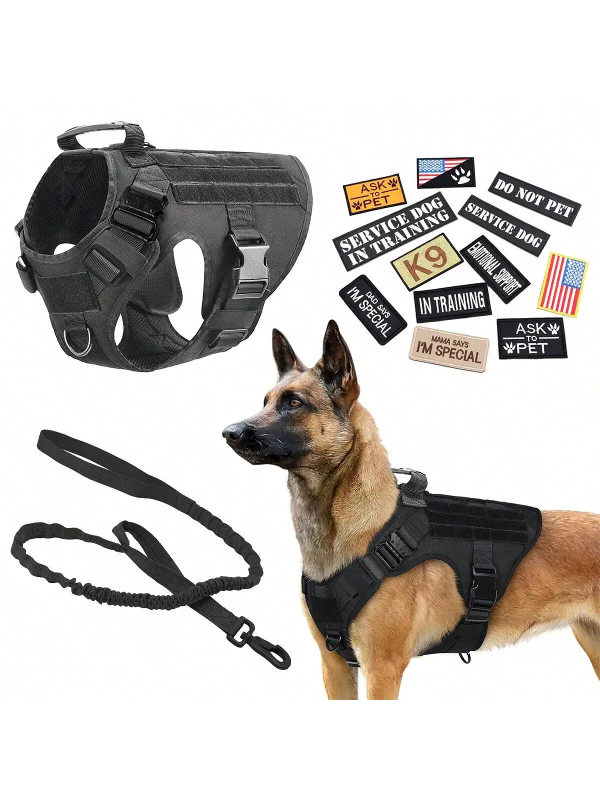 Waterproof Tactical Dog Harness Leash With 12 Patch Set