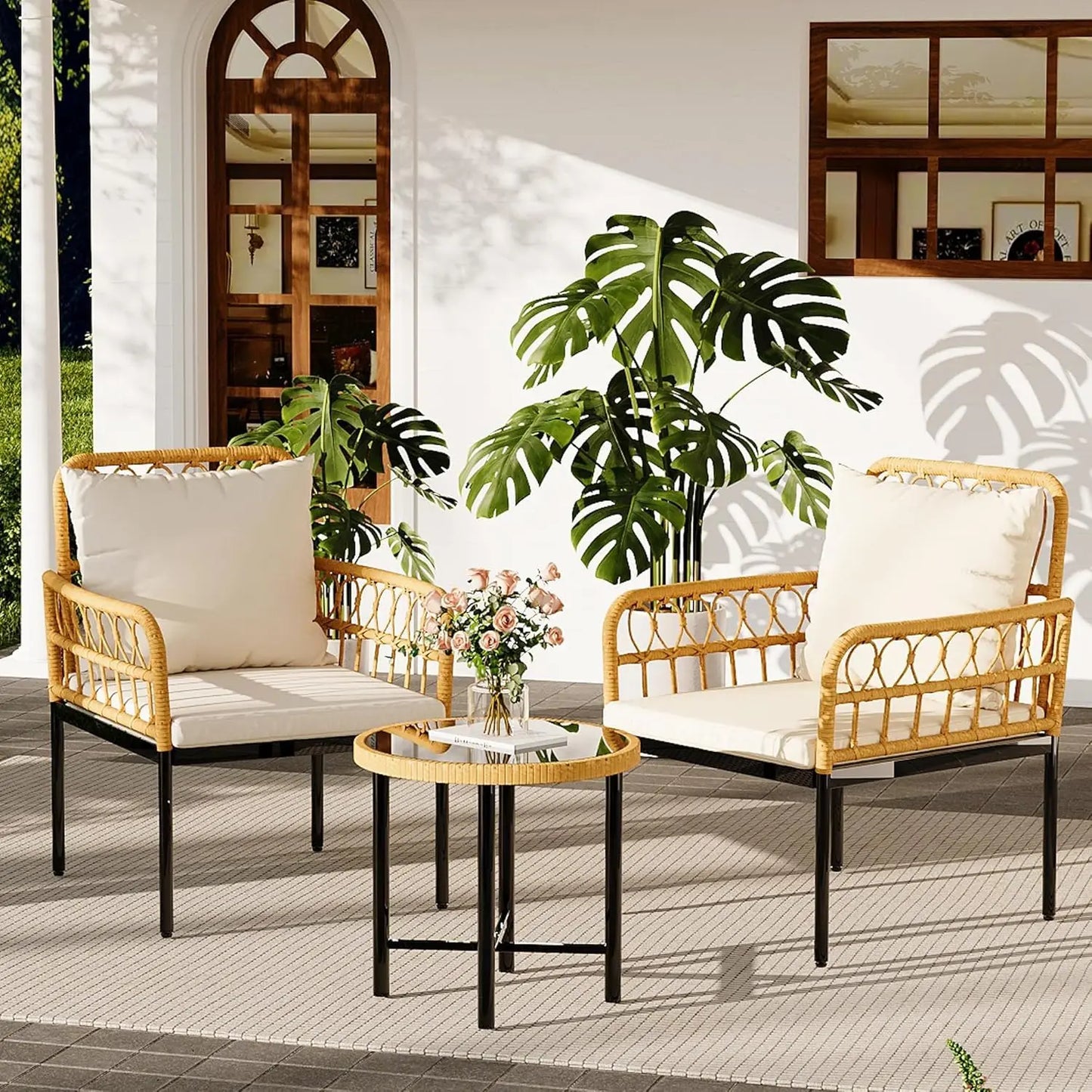 All-Weather Wicker Rattan Bistro Patio Furniture Set with Glass Table