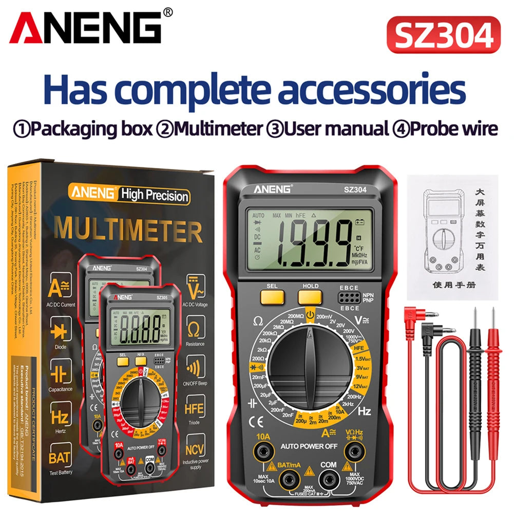 ANENG Digital Multimeter Voltage Current Ohm Tester Large Screen 2000