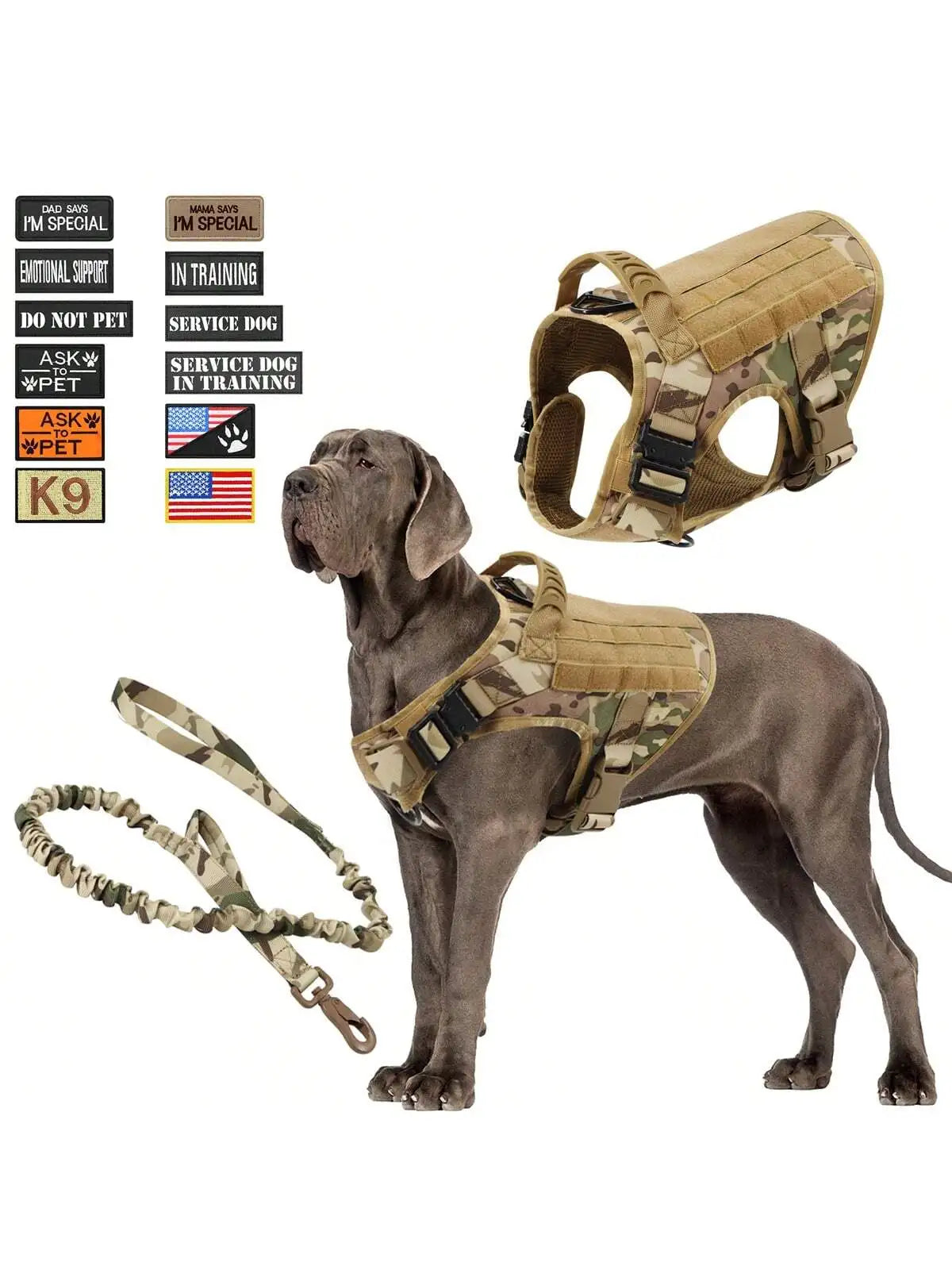 Waterproof Tactical Dog Harness Leash With 12 Patch Set
