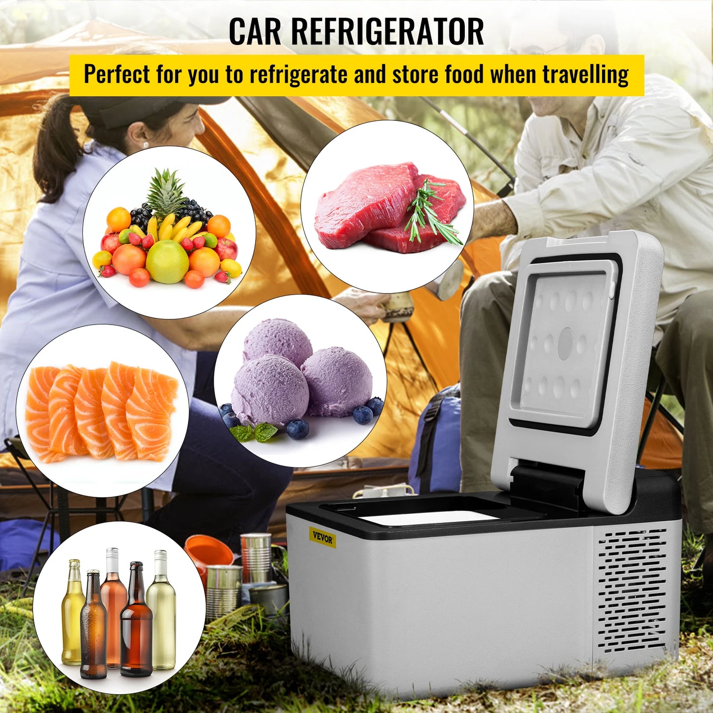 VEVOR Car Refrigerator Portable Compressor Fridge 12/24V DC 110-240V AC