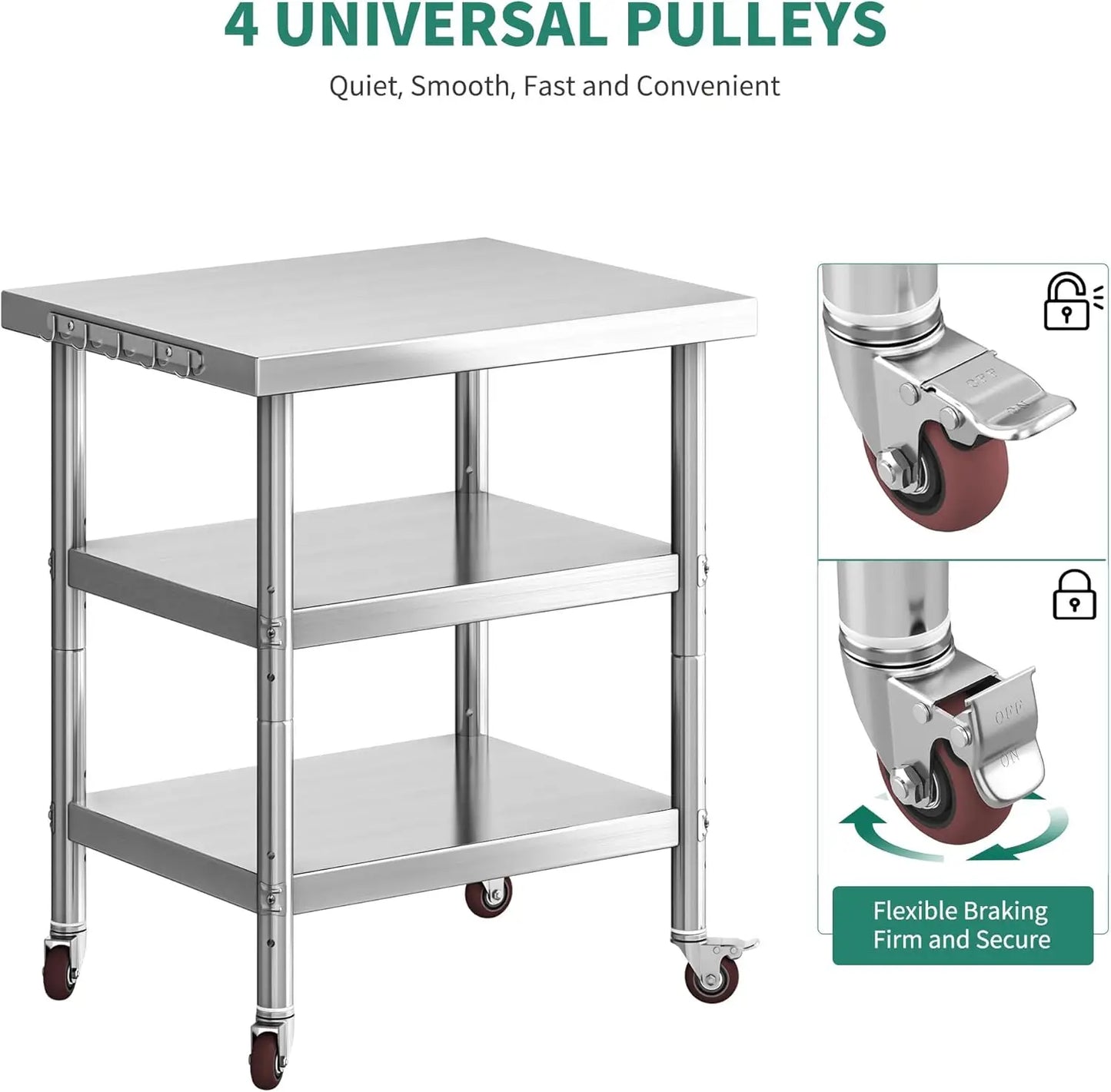 Stainless Steel Kitchen Work Table With Wheels And Three Shelves