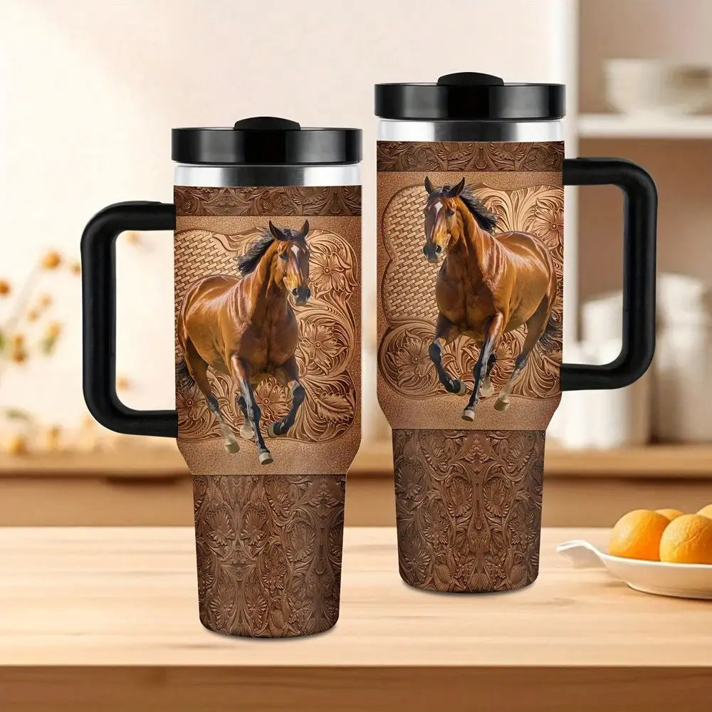 Horse Running Design Double Wall Insulated Cup Spill Proof Lid
