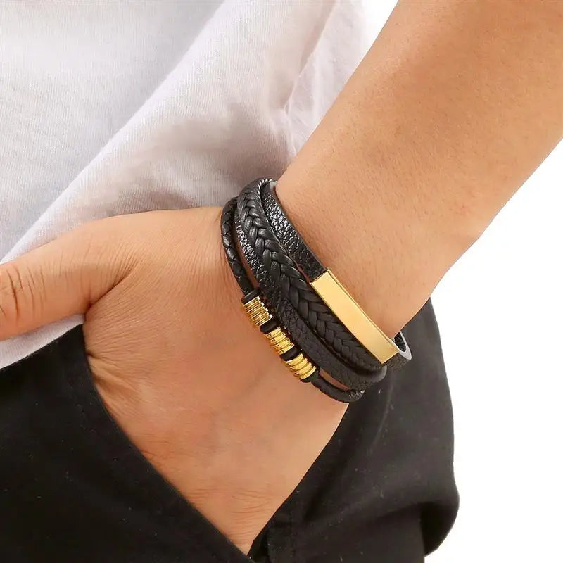 Leather Bracelet For Men Multi Layer Handwoven Fashion Accessory