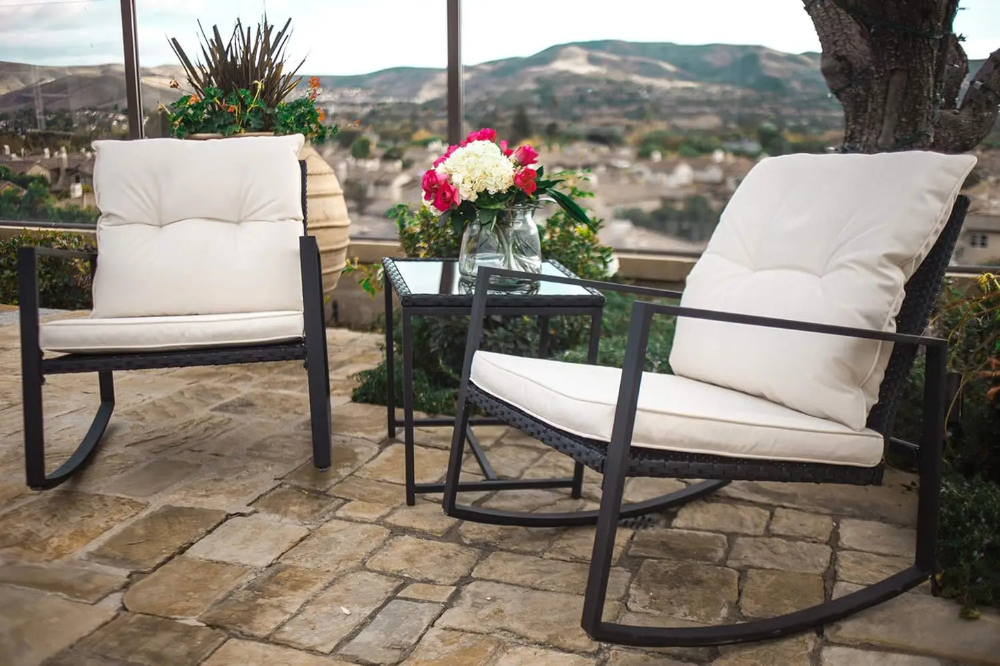 Outdoor Rocking Bistro Set Wicker Furniture With Glass Coffee Table
