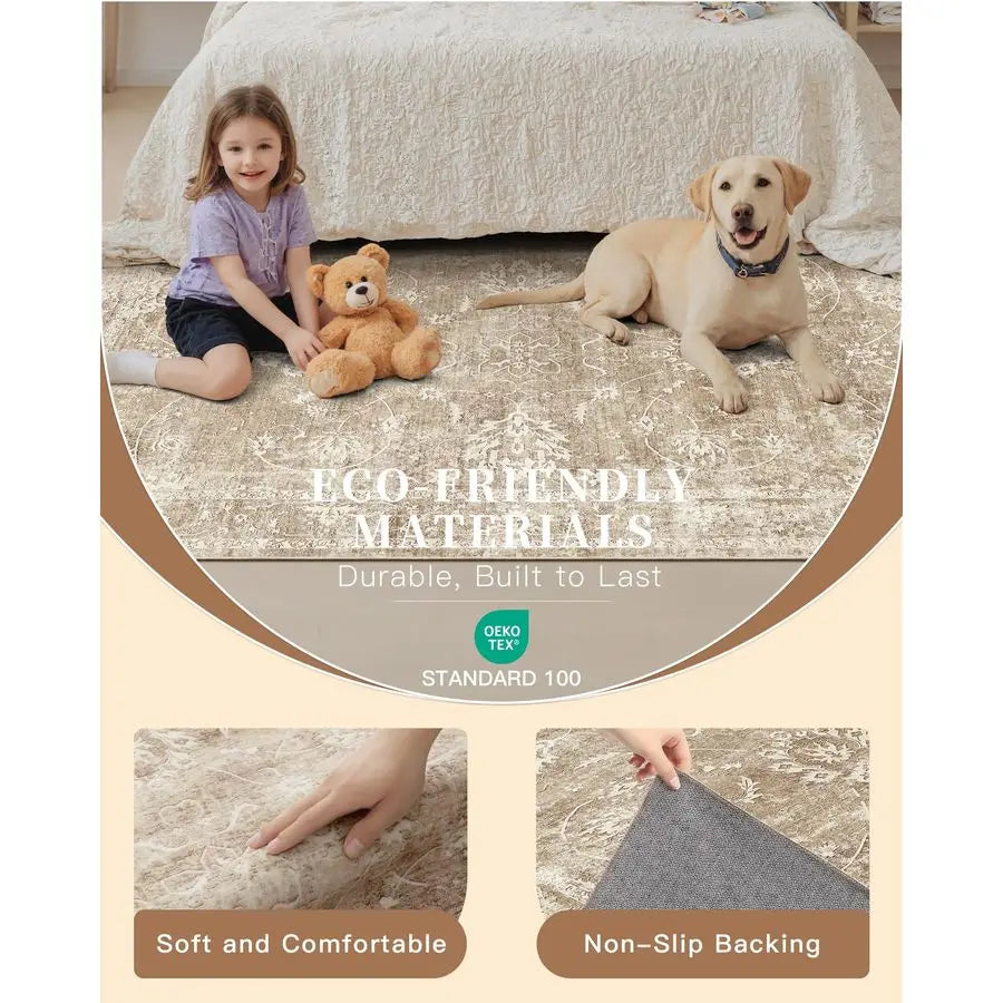 Machine Washable Wool Area Rug For Living Room NonSlip Backing