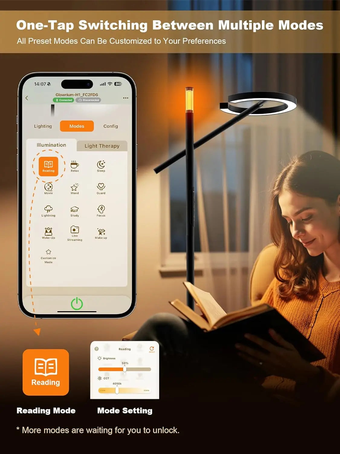 Smart Light Therapy Lamp 10000 Lux UV Free Sunlight Dimmable Floor Lamp