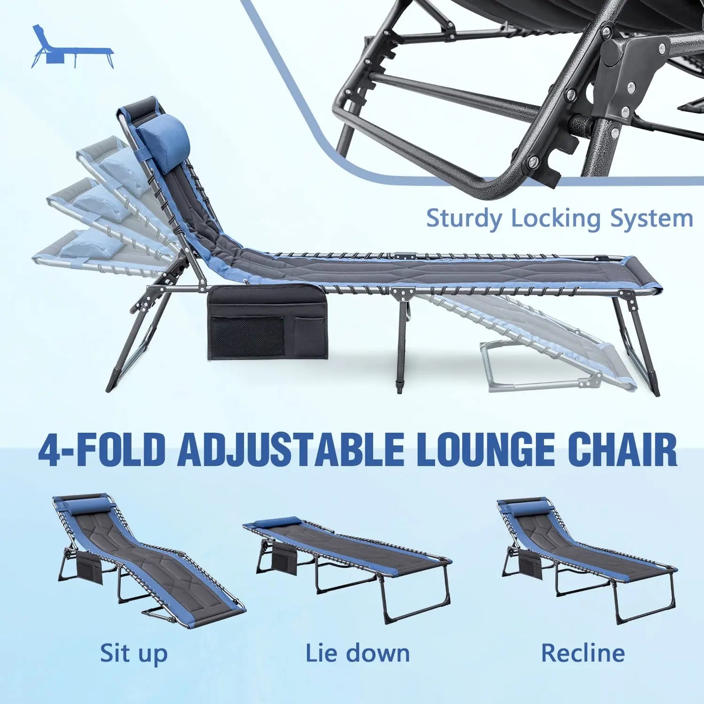 Foldable Padded Outdoor Chaise Lounge With Pillow And Side Pocket