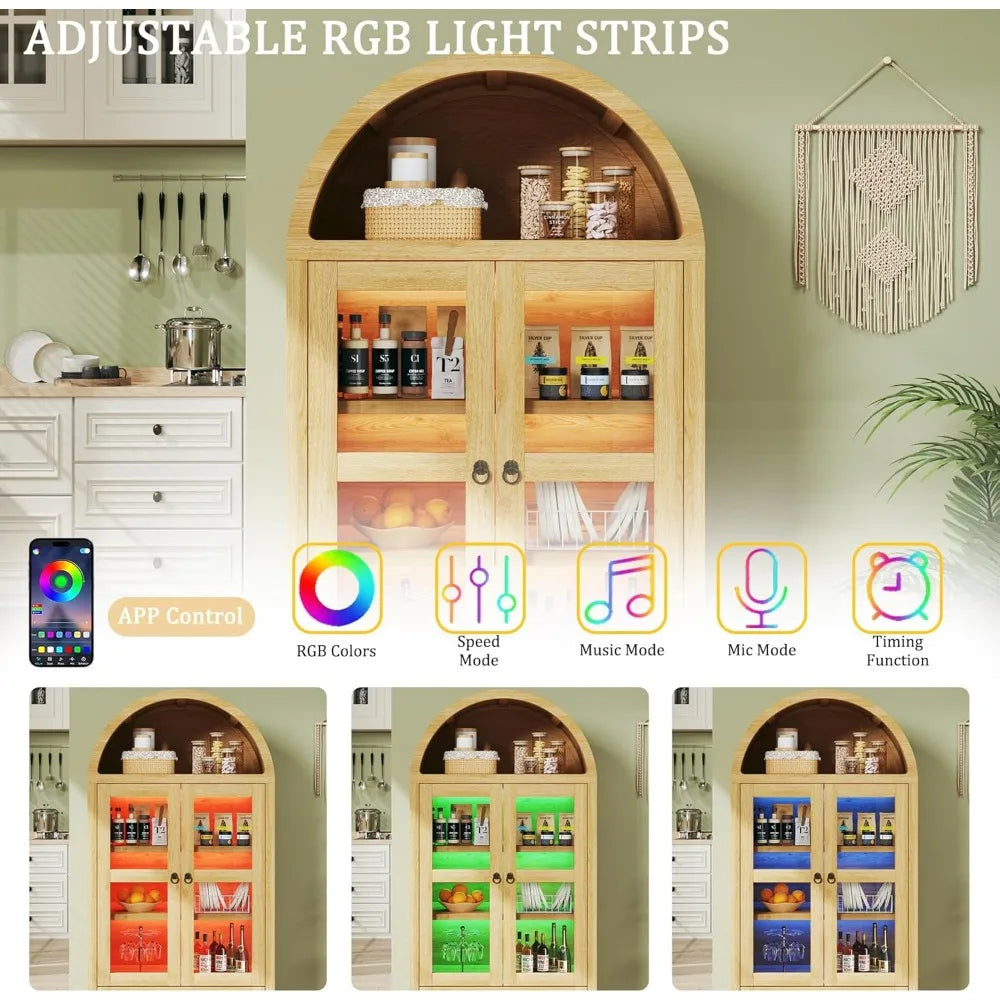 Arched Pantry Cabinet With LED Lights And Adjustable Shelves