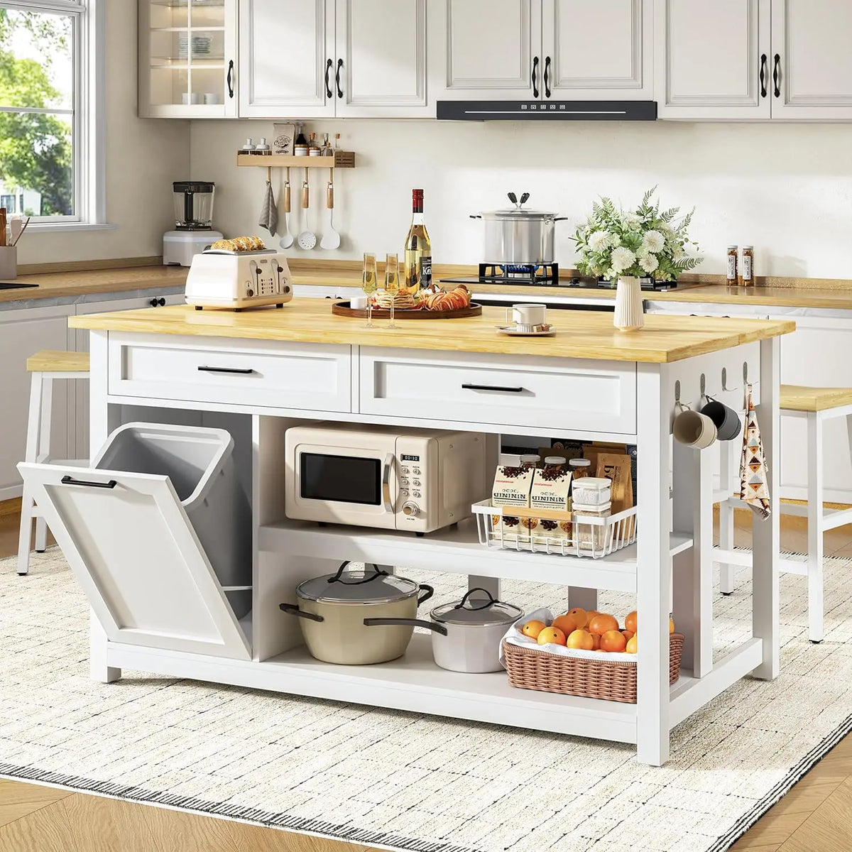 Solid Rubberwood Kitchen Island With Storage Seating And Trays For Modern Homes