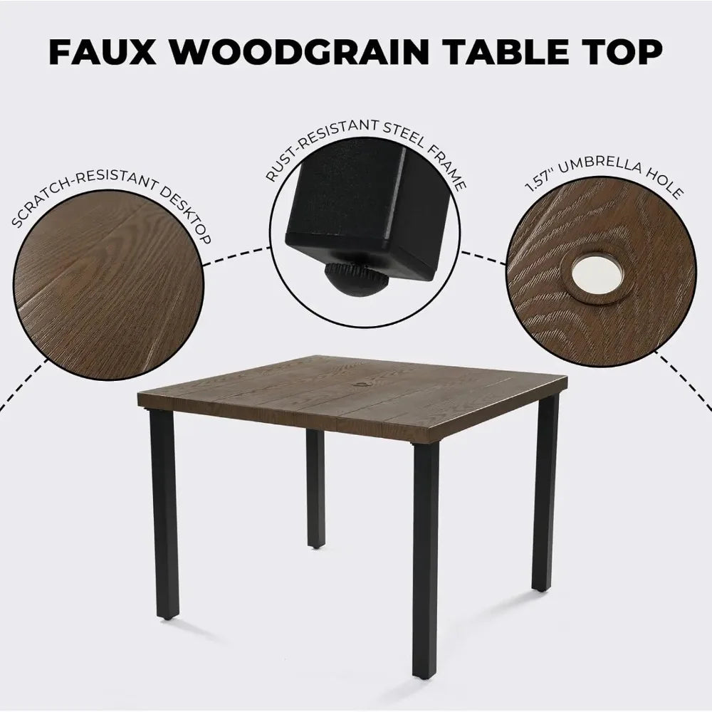 Outdoor 5-Piece Dining Set Leather-Look Wicker Chairs And Woodgrain Table