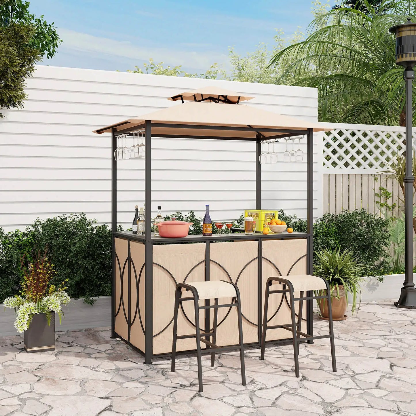 HOMASIS 3 Piece Patio Bar Set With Tempered Glass Table And Shelves