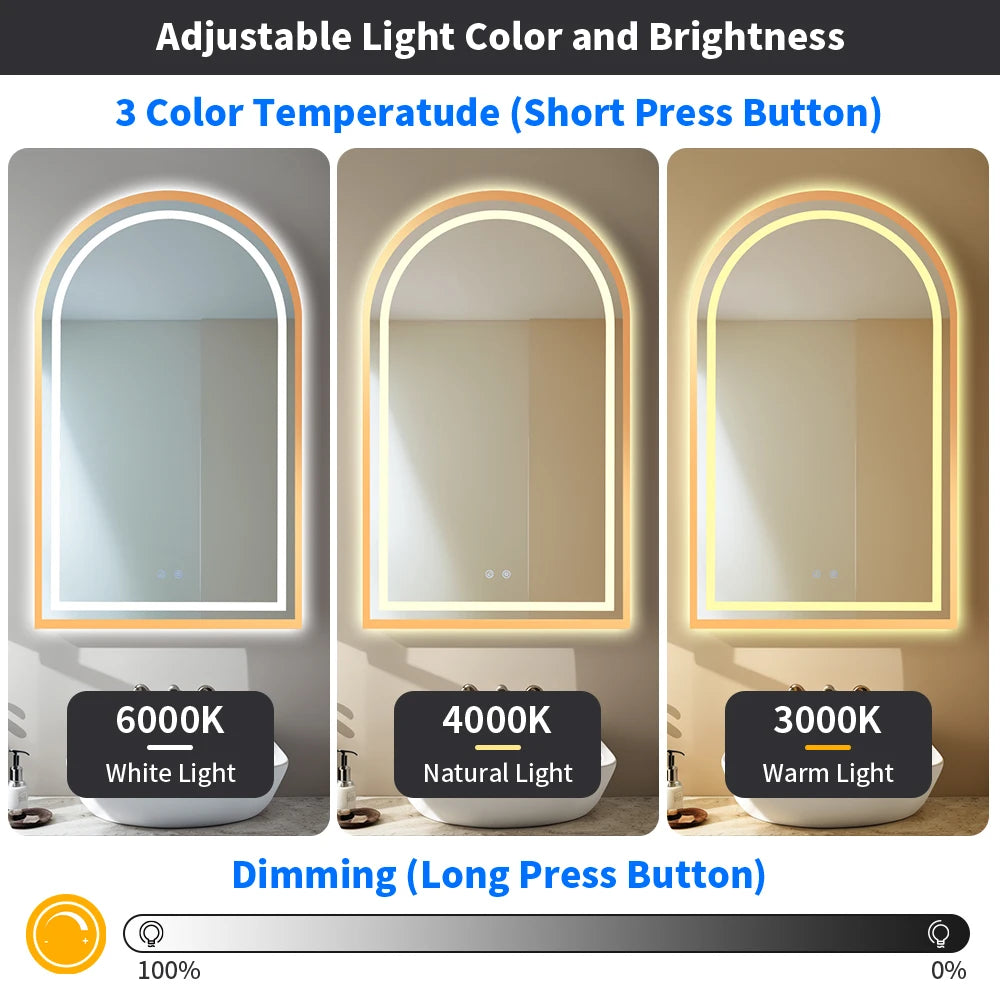 Arched LED Bathroom Mirror Wall Mounted Anti Fog and Touch
