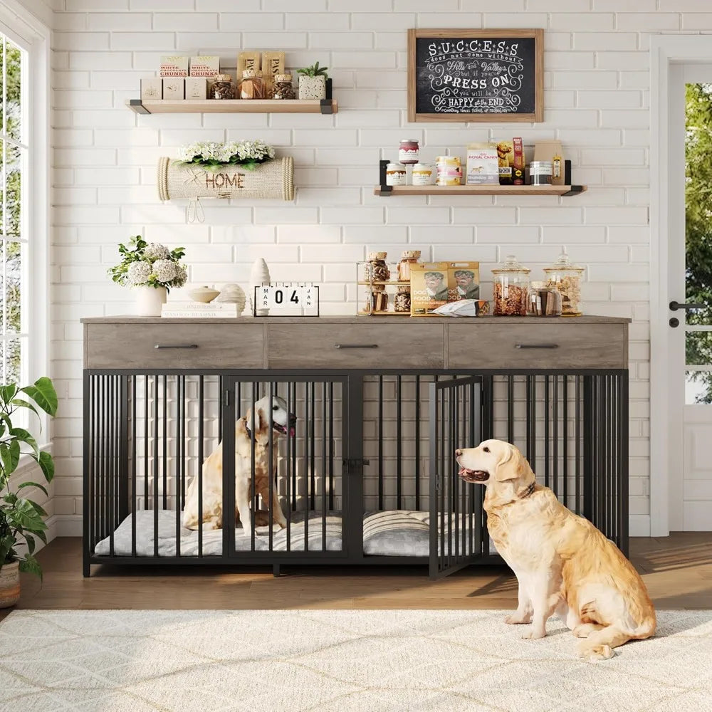 HOSTACK Farmhouse Double Dog Crate With 3 Drawers Kennel