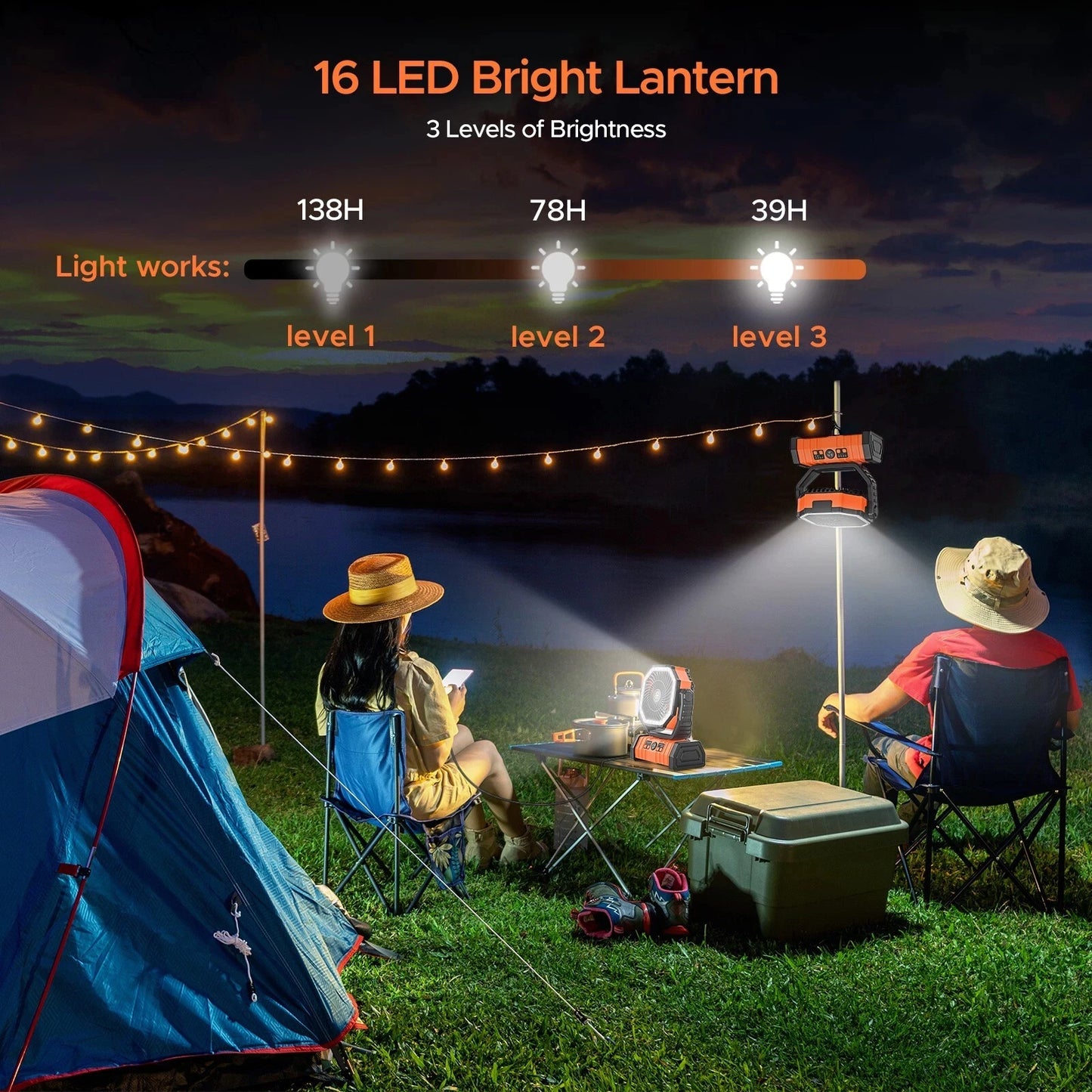 Camping Fan 20000mAh Battery Powered Rechargeable LED Light Tent Fan
