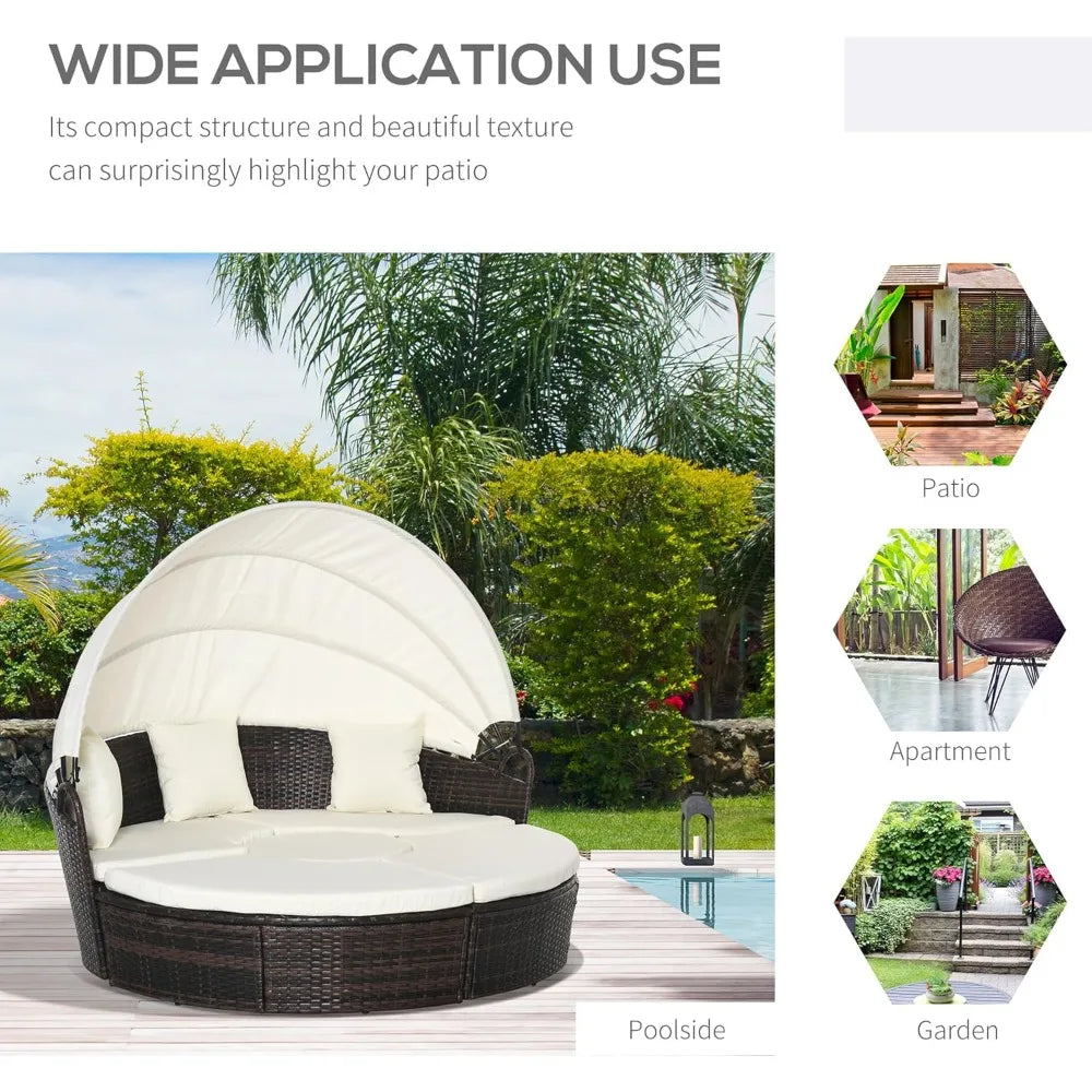 Outdoor Round Convertible Daybed Set With Cushions And Canopy In PE Rattan