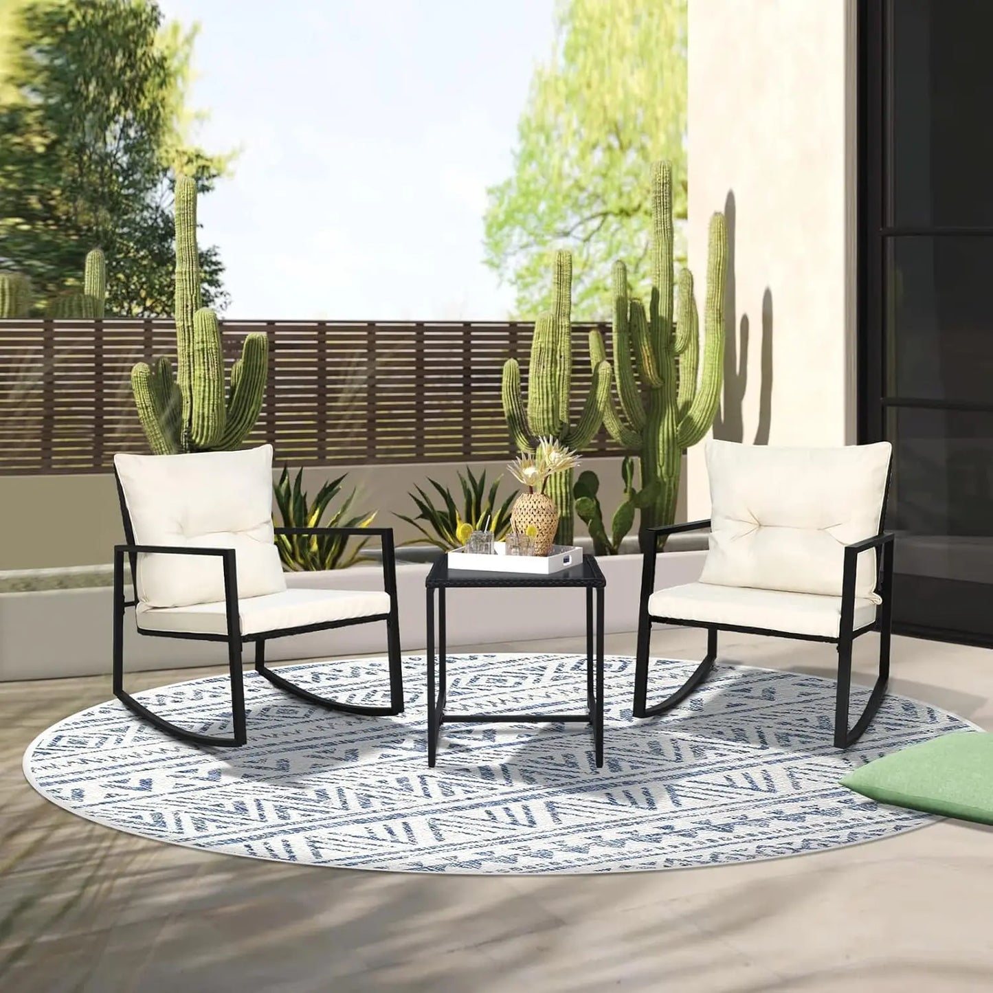 Outdoor Rocking Bistro Set Wicker Furniture With Glass Coffee Table